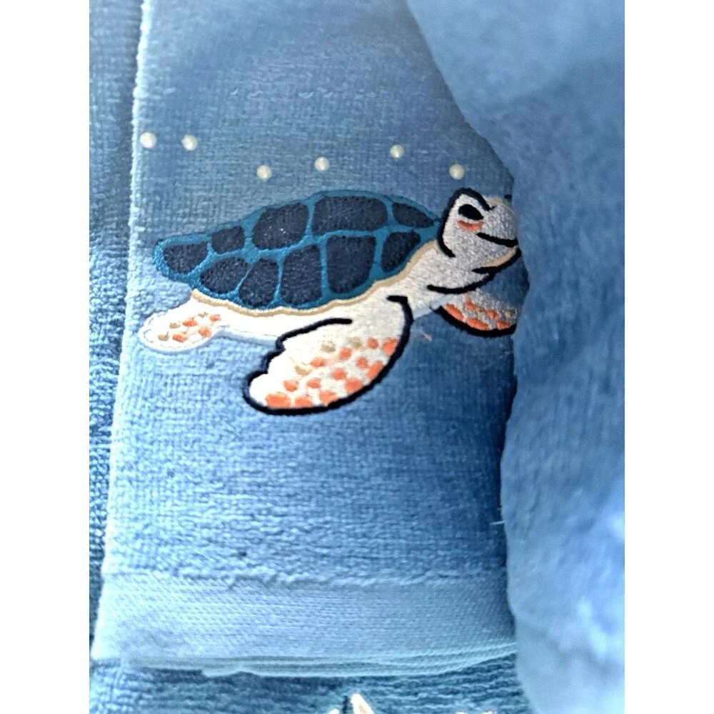 Anchor Sailboats Sea Turtle Embroidered Summer Blue 2 Fingertip 1 Hand Seagulls